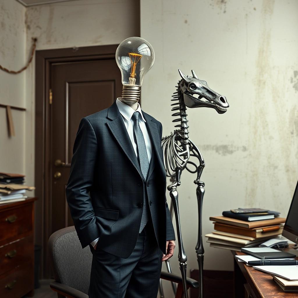Image with seed 399590204 generated via Stable Diffusion through @stablehorde@sigmoid.social. Prompt: a man in a suite with the head of a light bulb standing up in a dirty office beside a chrome horse skeleton