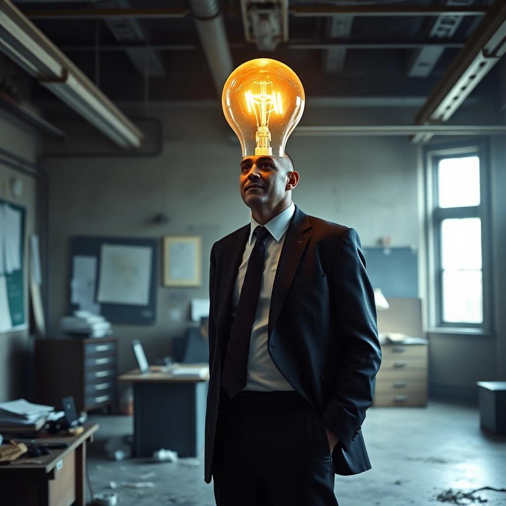 Image with seed 1207809735 generated via Stable Diffusion through @stablehorde@sigmoid.social. Prompt: a man in a suite with the head of a big light bulb standing up in a dirty office