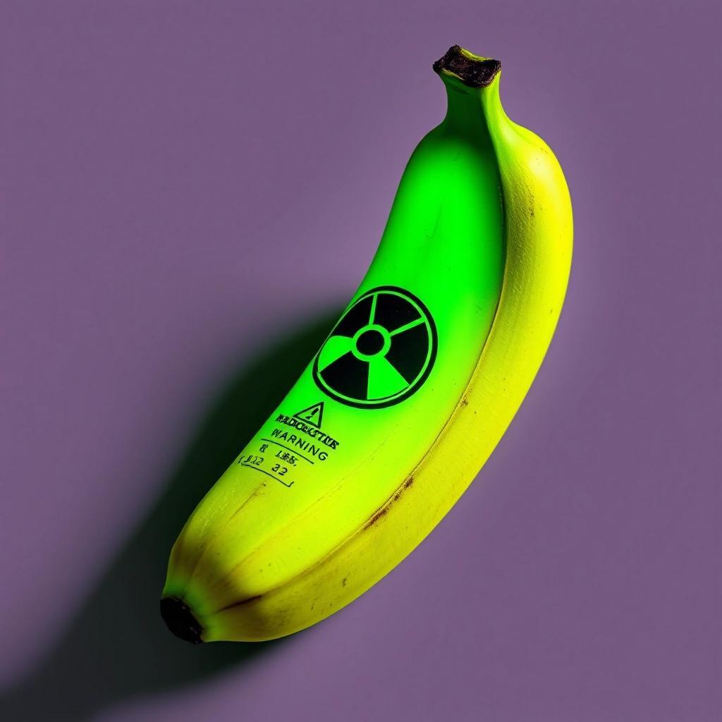 Image with seed 3645778855 generated via Stable Diffusion through @stablehorde@sigmoid.social. Prompt: a banana glowing green with radioactive warning marker.