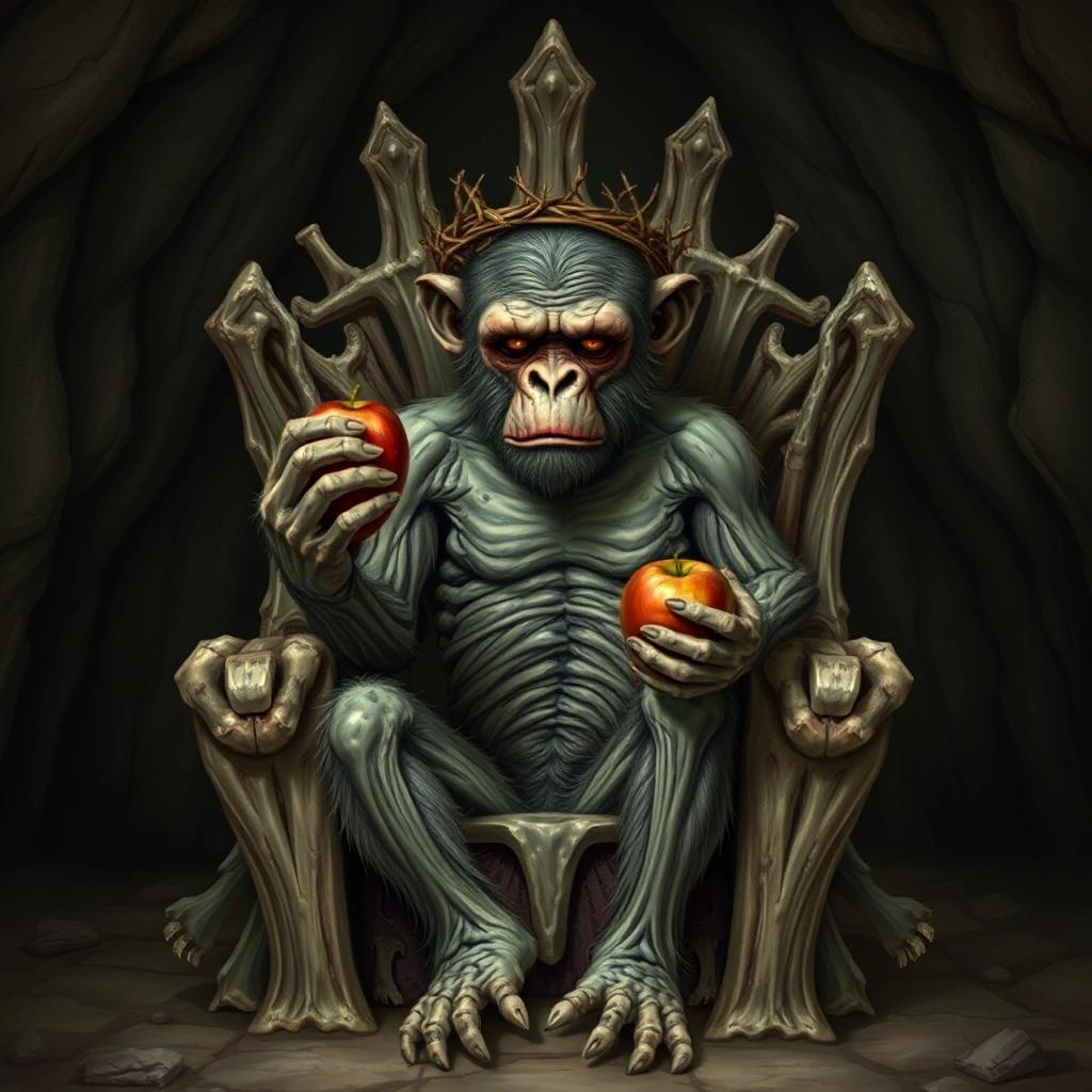 Image with seed 1036227075 generated via Stable Diffusion through @stablehorde@sigmoid.social. Prompt: an mumified ape sitting on a throne made of bones with an apple in one of his hands. He is sitting in a cave and have a crown of thorns on his head. His eyes has a spooky glow.