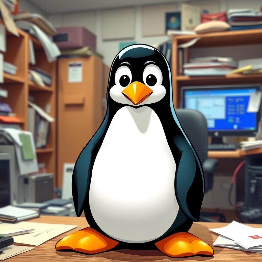 Image with seed 1455172068 generated via Stable Diffusion through @stablehorde@sigmoid.social. Prompt: a picture of the linux mascot TUX in a messy office