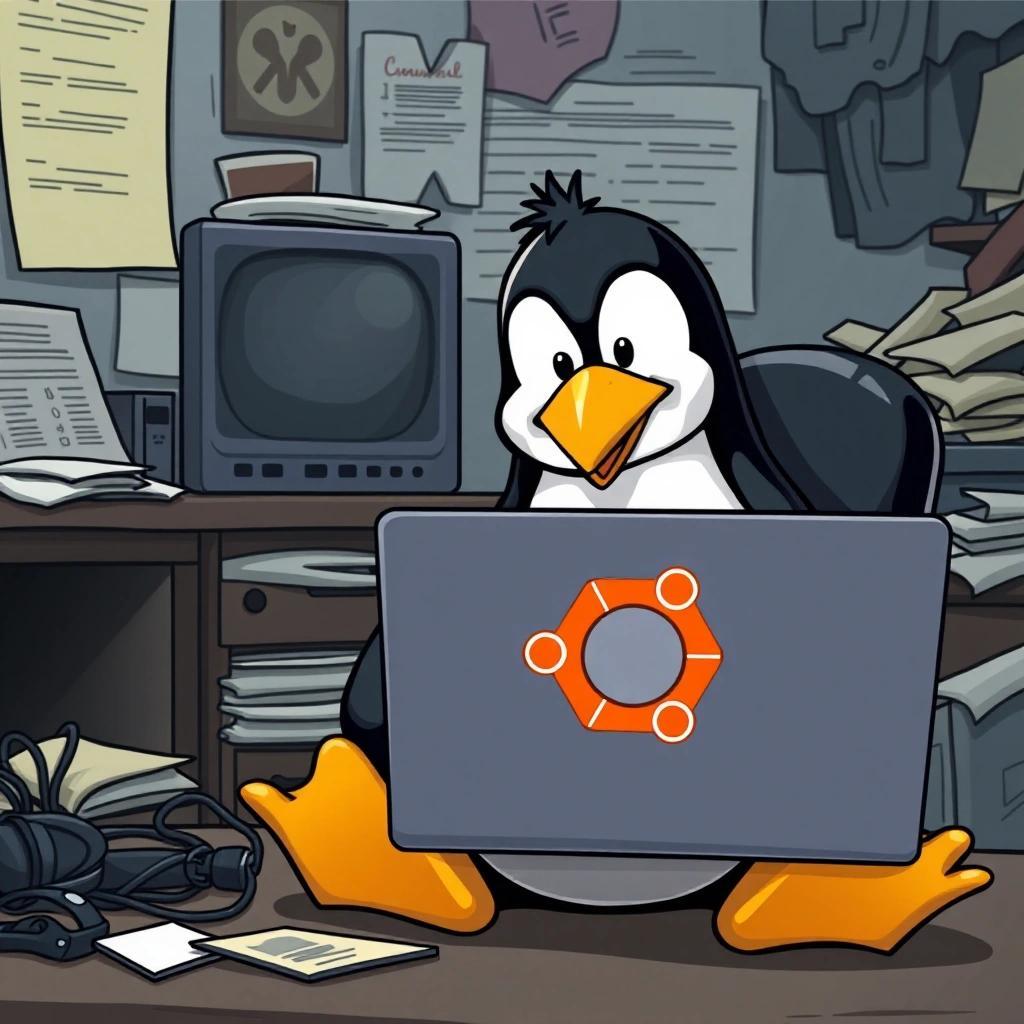 Image with seed 1873431525 generated via Stable Diffusion through @stablehorde@sigmoid.social. Prompt: a picture of the Linux mascot TUX sitting with a laptop working at a messy office. Put the ubuntu logo on the lid of the laptop