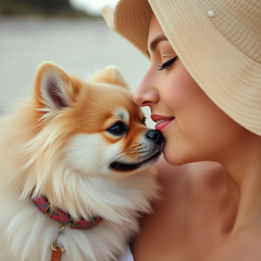 Image with seed 1404925858 generated via Stable Diffusion through @stablehorde@sigmoid.social. Prompt: a pomeranian nuzzling it's face in the butt cheeks of a beautiful Slavic woman on a beach