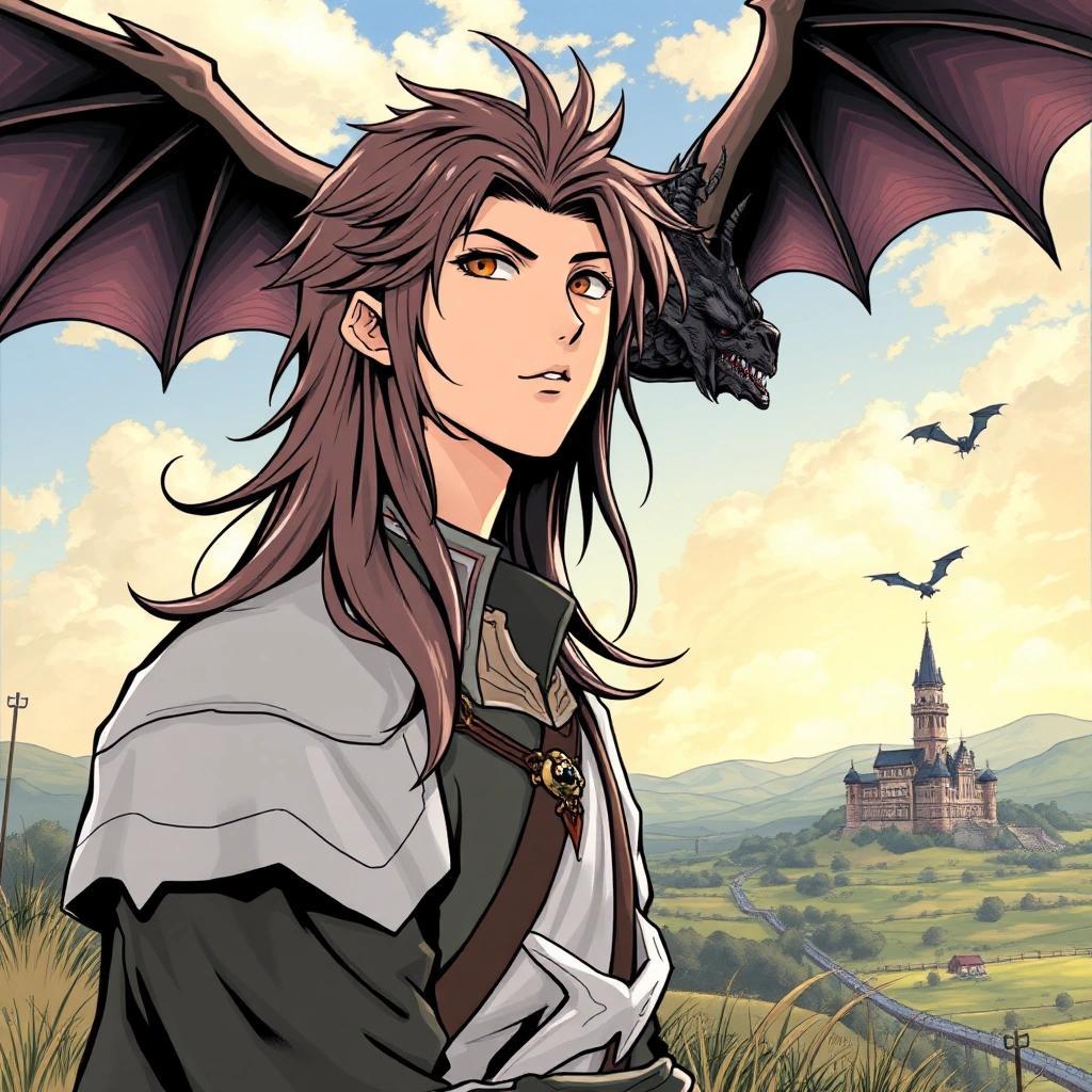 Image with seed 1721769633 generated via Stable Diffusion through @stablehorde@sigmoid.social. Prompt: manga drawing of long-haired bishounen, attractive man, pretty boy, fantasy prince, medieval countryside background, castle in the distance, dragon flying over the horizon
