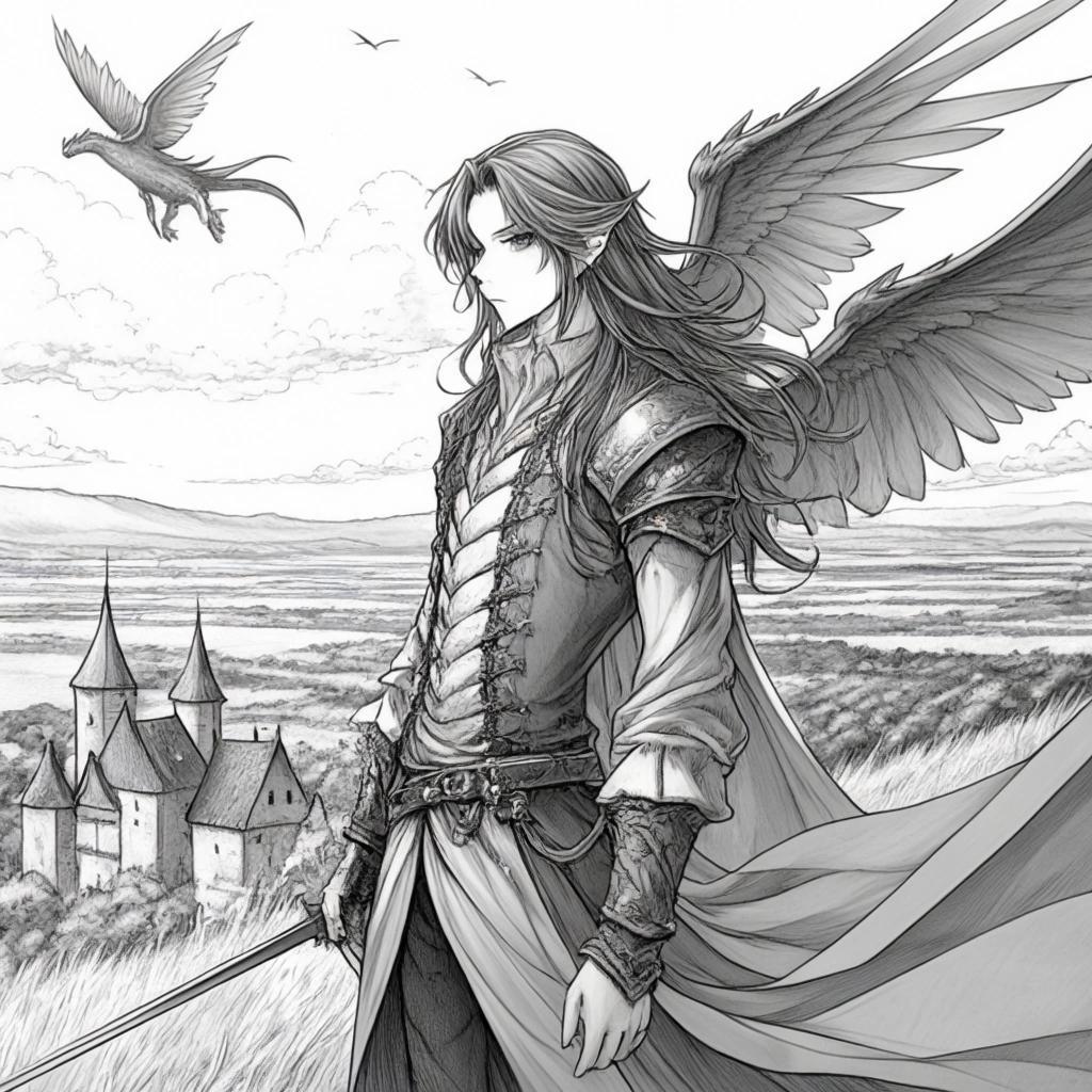 Image with seed 2886409340 generated via Stable Diffusion through @stablehorde@sigmoid.social. Prompt: manga drawing of long-haired bishounen, attractive man, pretty boy, fantasy prince, medieval countryside background, castle in the distance, dragon flying over the horizon 