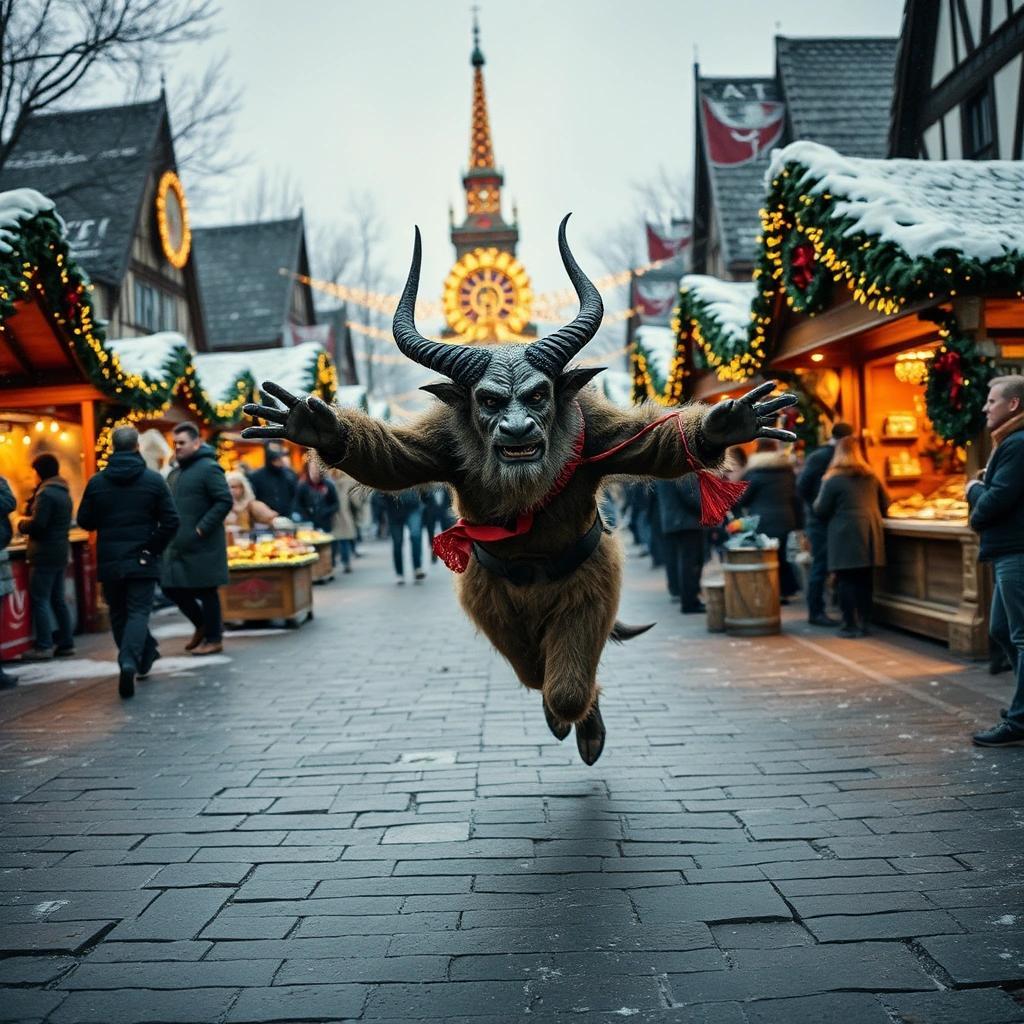 Image with seed 49611677 generated via Stable Diffusion through @stablehorde@sigmoid.social. Prompt: Krampus skipping through a German Christmas market.