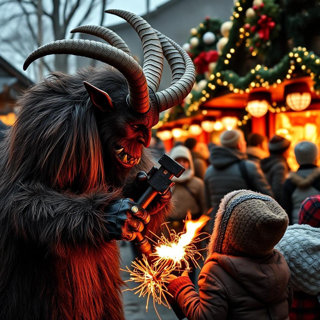 Image with seed 2200784023 generated via Stable Diffusion through @stablehorde@sigmoid.social. Prompt: Krampus beating children with his fagot at a German Christmas market.