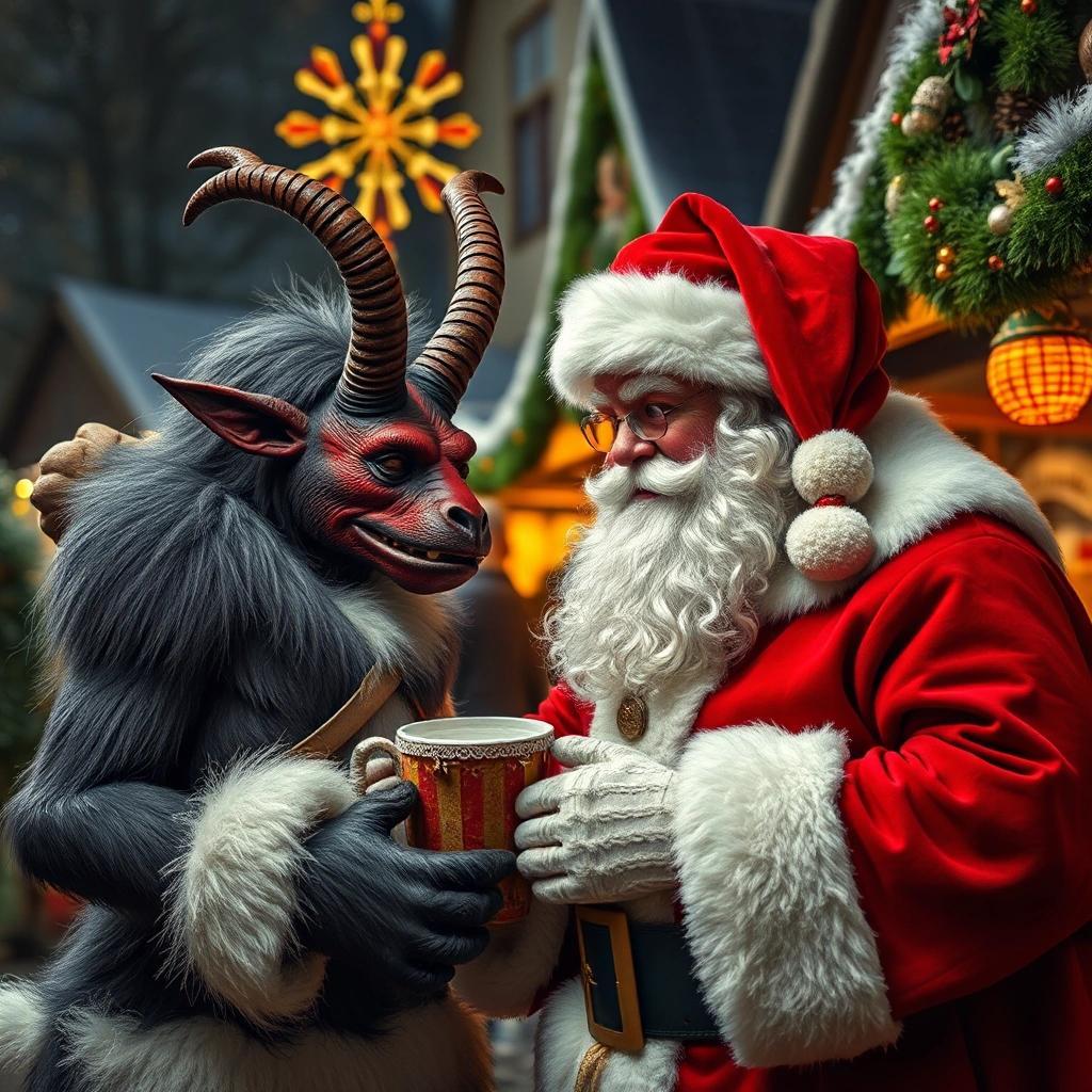 Image with seed 447442462 generated via Stable Diffusion through @stablehorde@sigmoid.social. Prompt: Krampus learning about Christmas cheer from Santa Clause in the middle of a German Christmas market.