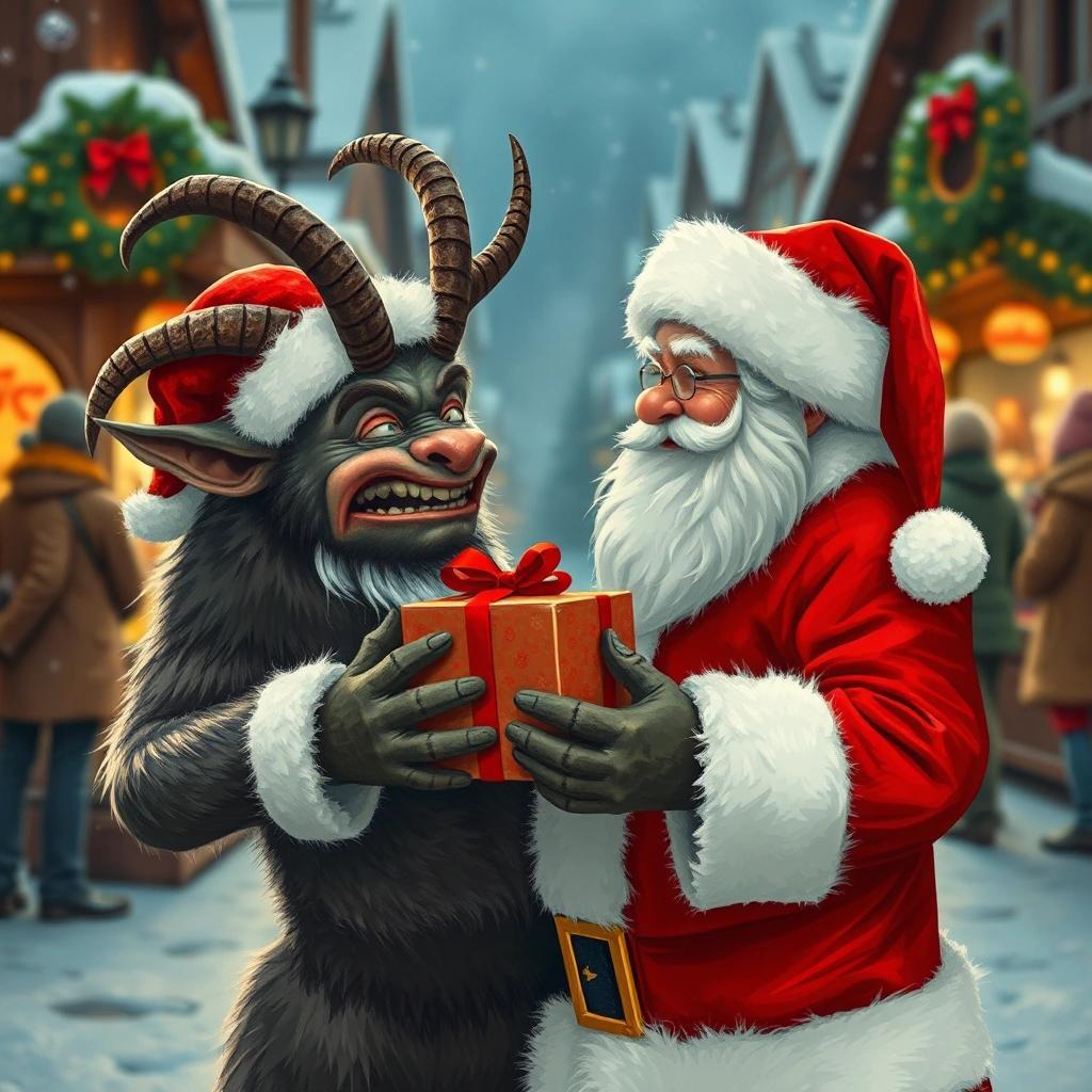 Image with seed 307799199 generated via Stable Diffusion through @stablehorde@sigmoid.social. Prompt: Krampus crying tears of joy as he receives a Christmas gift from Santa Clause in the middle of a German Christmas market.