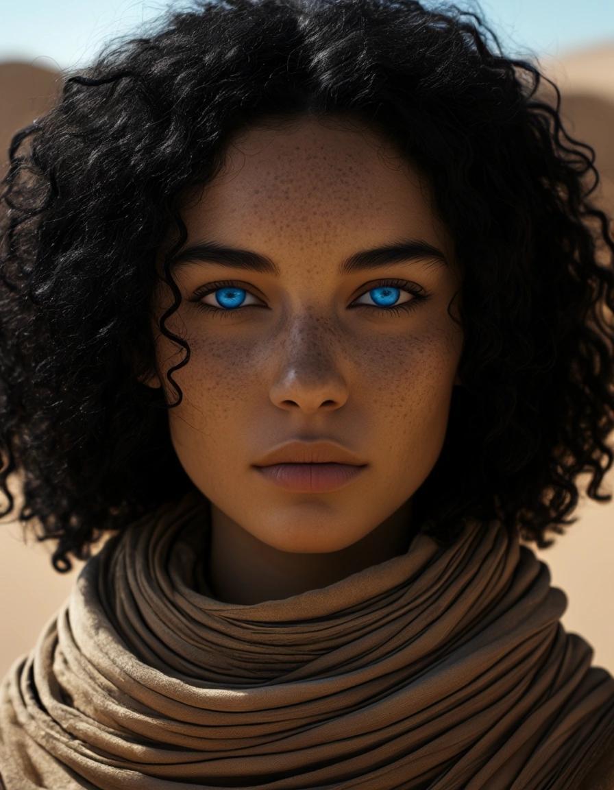 Image with seed 1746202639 generated via Stable Diffusion through @stablehorde@sigmoid.social. Prompt: portrait of a young Fremen woman from the Planet Arrakis aka Dune the Desert Planet, curly black hair, light brown skin, Fremen eyes that are entirely blue 