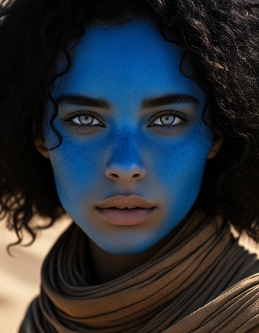 Image with seed 497342715 generated via Stable Diffusion through @stablehorde@sigmoid.social. Prompt: portrait of a young Fremen woman from the Planet Arrakis aka Dune the Desert Planet, curly black hair, light brown skin, Fremen eyes that are entirely blue with a blue sclera 