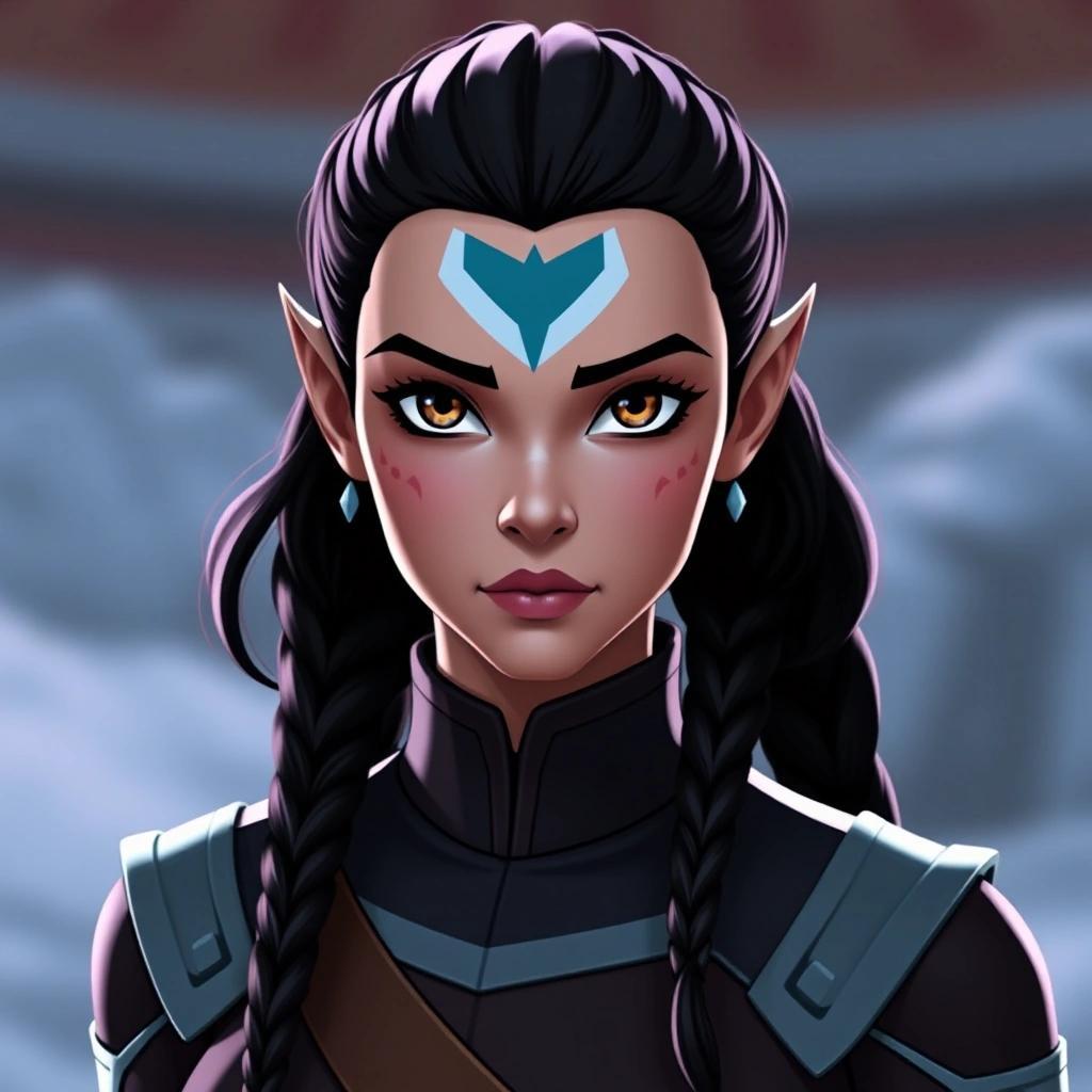 Image with seed 2860698884 generated via Stable Diffusion through @stablehorde@sigmoid.social. Prompt: Katara from "Avatar: The Last Airbender" except she's wearing a Klingon Warrior's uniform from "Star Trek" and has Klingon forehead ridges.