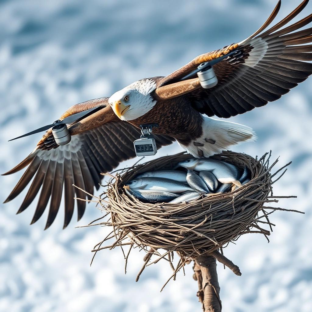 Image with seed 1651323922 generated via Stable Diffusion through @stablehorde@sigmoid.social. Prompt: drone delivery of fish to an eagle's nest