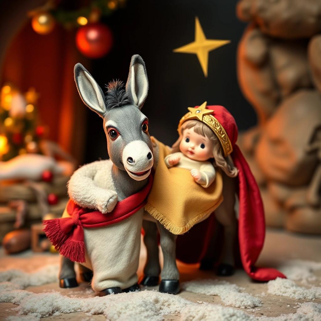 Image with seed 4181808249 generated via Stable Diffusion through @stablehorde@sigmoid.social. Prompt: a Christmas Donkey Hee-Hawing baby Jesus.