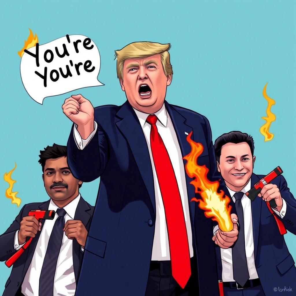 Image with seed 3031985013 generated via Stable Diffusion through @stablehorde@sigmoid.social. Prompt: Donald Trump exclaiming "You're Fired" with Vivek Ramaswami and Elon Musk flanking him with flame throwers.