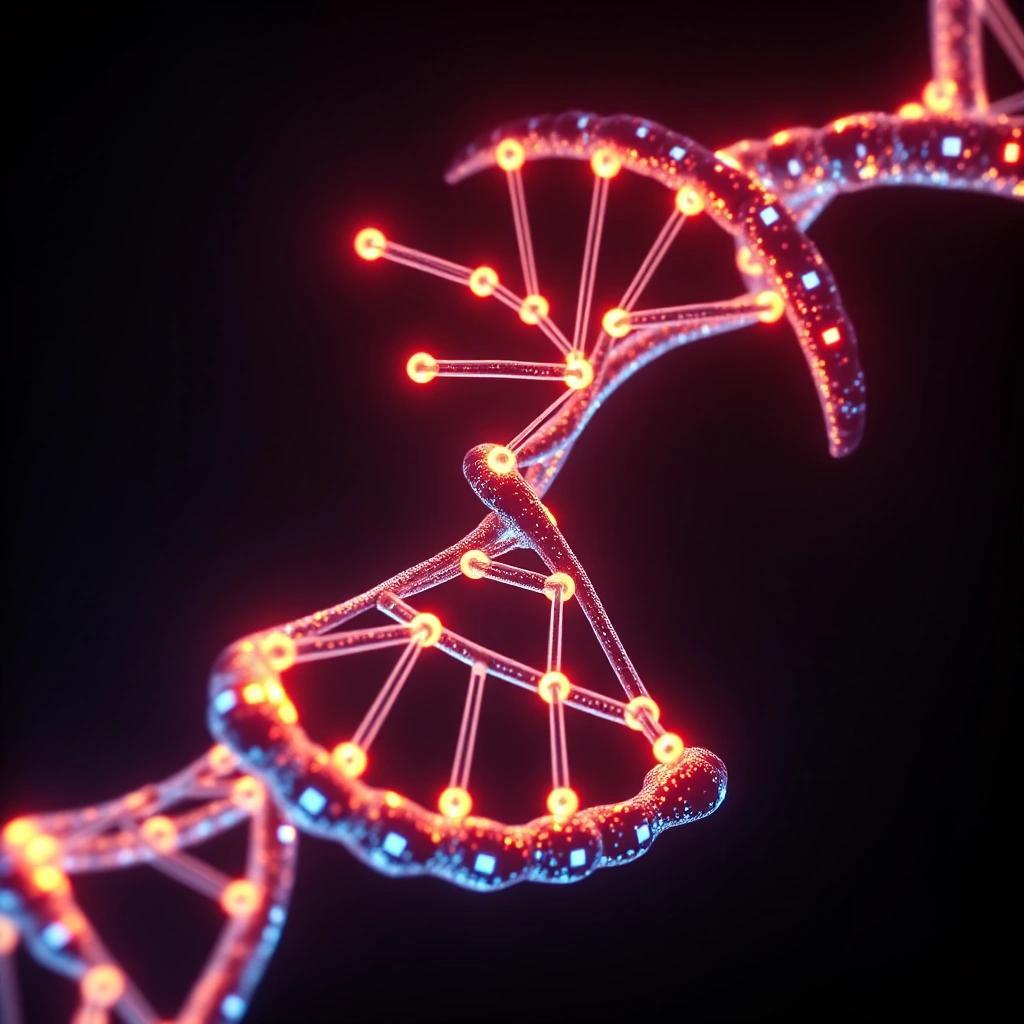Image with seed 3793850209 generated via Stable Diffusion through @stablehorde@sigmoid.social. Prompt: a picture of a luminecent three dimensional circuit board formed as the dna double helix