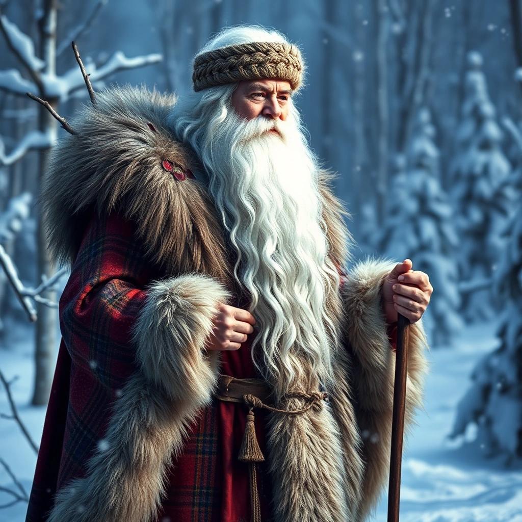 Image with seed 2985757701 generated via Stable Diffusion through @stablehorde@sigmoid.social. Prompt: Pagan winter god with long white hair and a long white beard wearing a thick colourful fur-trimmed winter coat, standing in a winter wonderland, Father Frost, Chysh Khan, Boreas, Grandfather Winter, Santa Claus