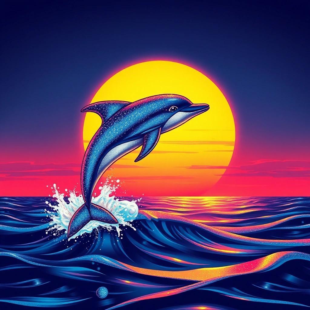 Image with seed 2885206706 generated via Stable Diffusion through @stablehorde@sigmoid.social. Prompt: metallic glitter kitsch poster of a dolphin jumping out of the ocean at sunset