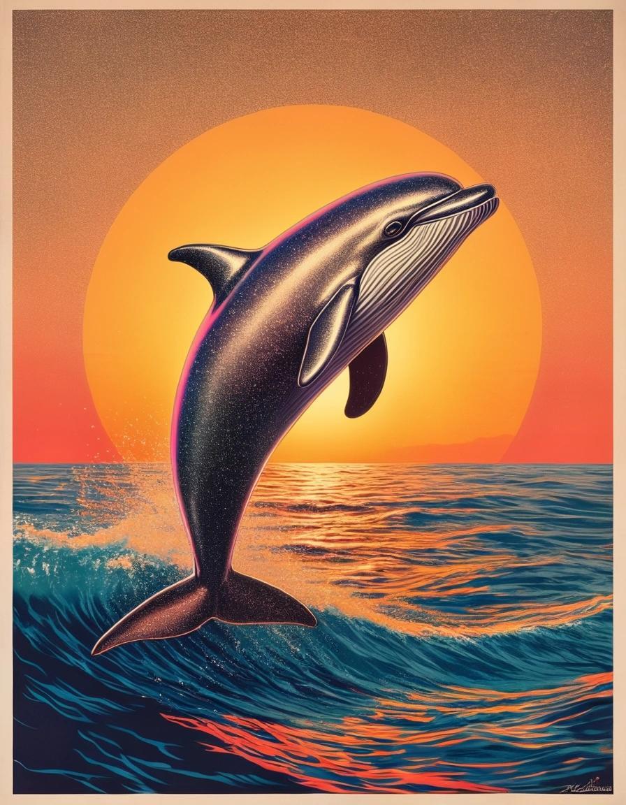 Image with seed 2092948413 generated via Stable Diffusion through @stablehorde@sigmoid.social. Prompt: metallic glitter kitsch poster of a dolphin jumping out of the ocean at sunset 