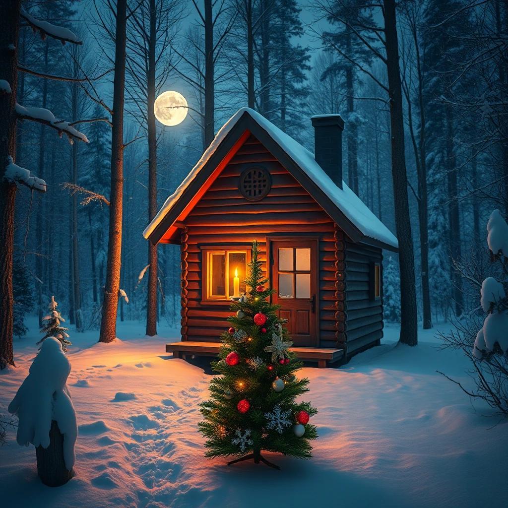 Image with seed 1037551487 generated via Stable Diffusion through @stablehorde@sigmoid.social. Prompt: an tiny house in a snowy forest, a candle in the window and a christmas tree infront. Moonshine.