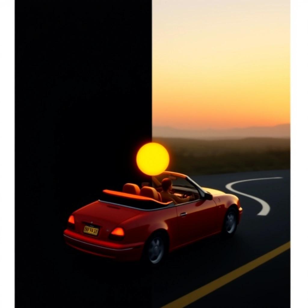 Image with seed 283168954 generated via Stable Diffusion through @stablehorde@sigmoid.social. Prompt: a small sun sitting in a round convertible and making a U-turn to the right. On the left side the background is dark while on the right side it seems to be dawning