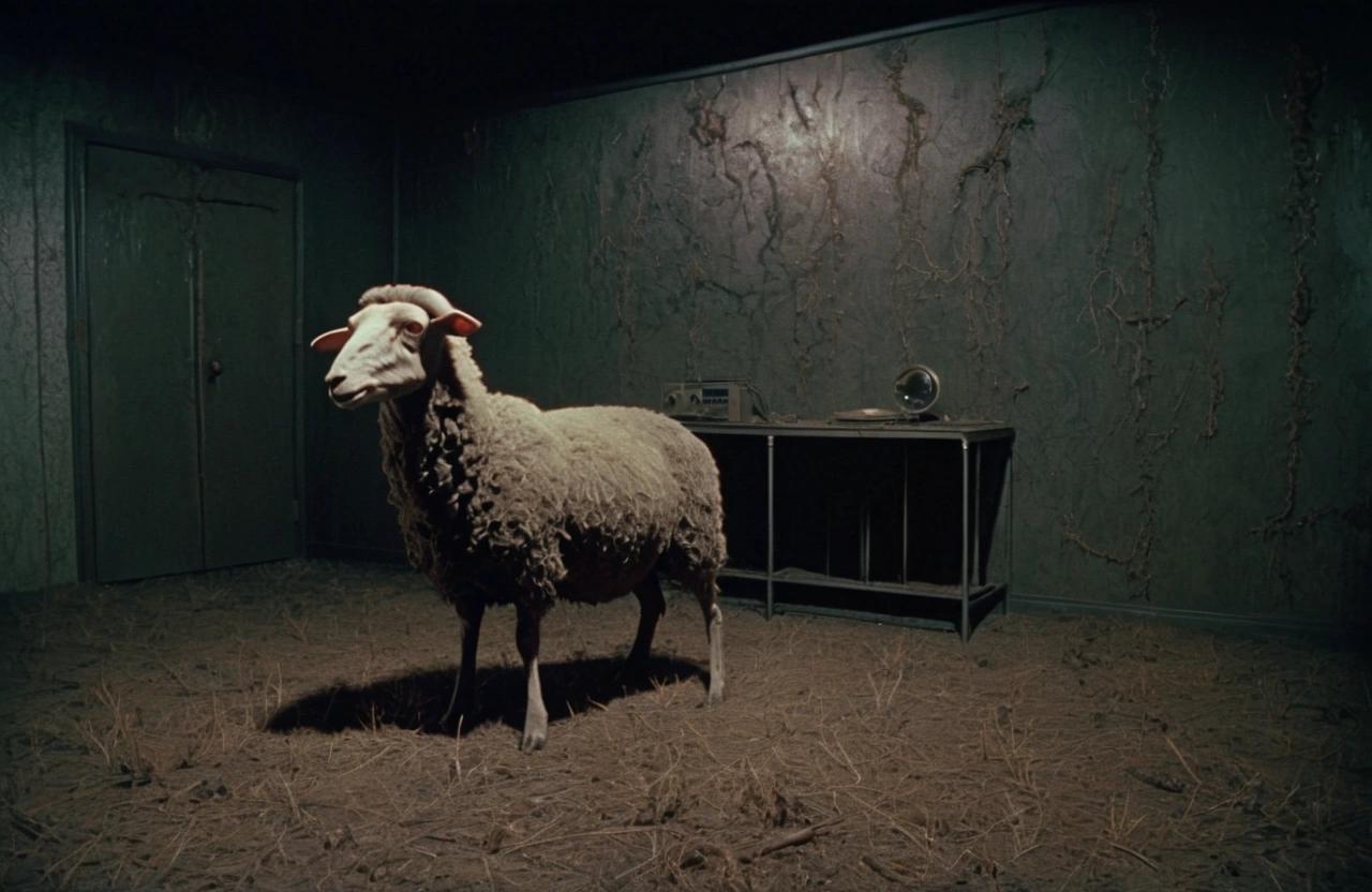Image with seed 948299890 generated via Stable Diffusion through @stablehorde@sigmoid.social. Prompt: Old found footage of hyper realistic Atomic sheep , abandoned, liminal space, horror, eerie, mysterious, noise and grain, dark hues, dark tones, single source of light, 35mm, Kodak Autochrome, floating particles, auto flash, auto focus###blurry, out of focus