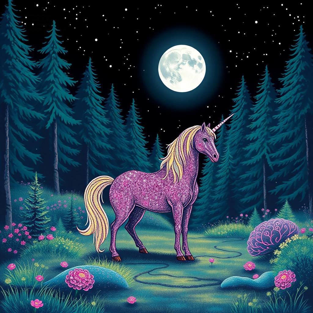 Image with seed 3946286687 generated via Stable Diffusion through @stablehorde@sigmoid.social. Prompt: metallic glitter kitsch poster of a unicorn standing in a clearing in an echanted forest at night under a full moon