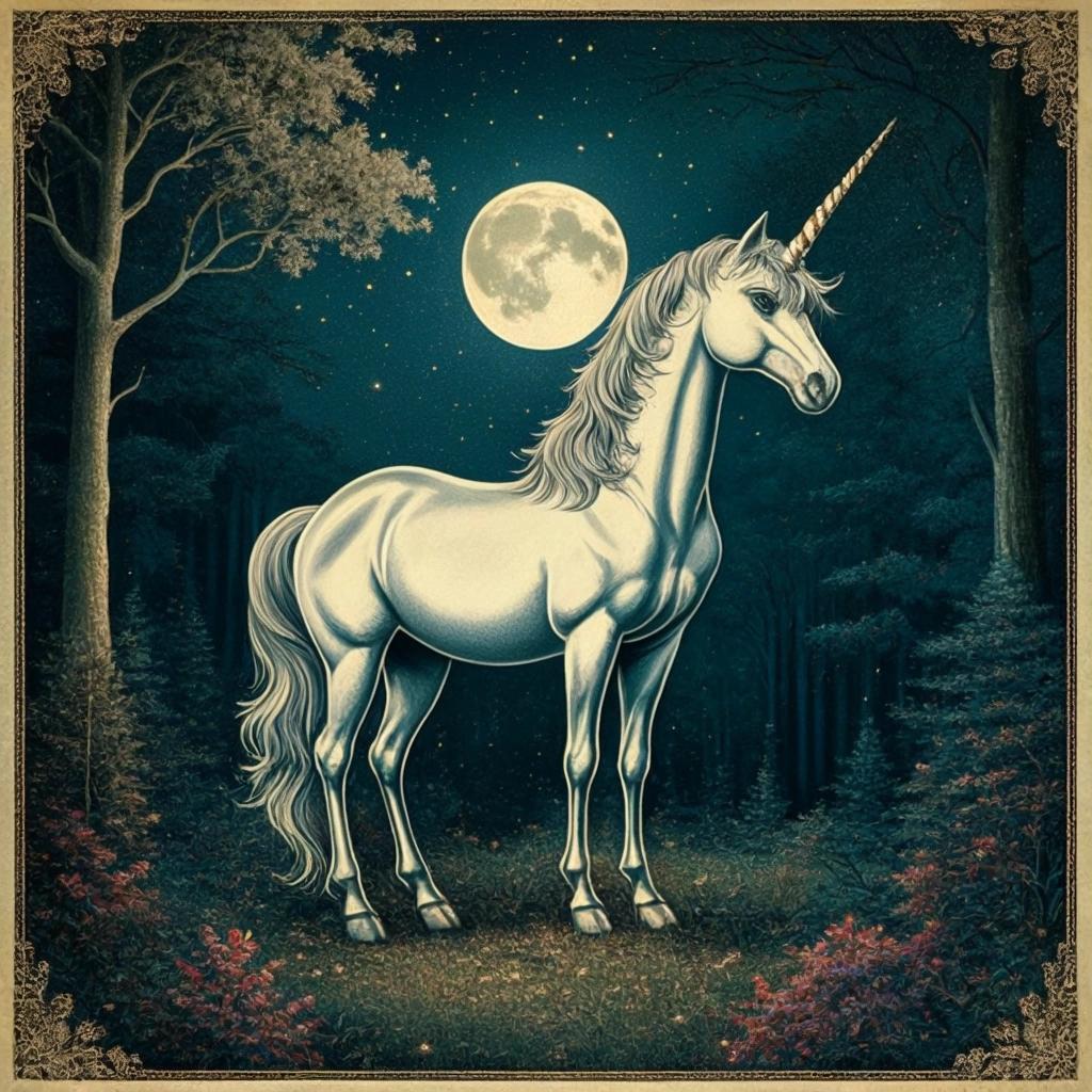 Image with seed 1929143005 generated via Stable Diffusion through @stablehorde@sigmoid.social. Prompt: metallic glitter kitsch poster of a unicorn standing in a clearing in an echanted forest at night under a full moon 