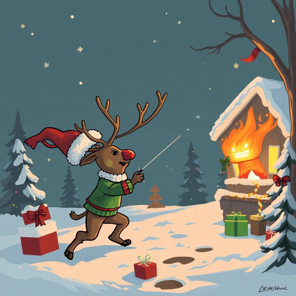 Image with seed 266853608 generated via Stable Diffusion through @stablehorde@sigmoid.social. Prompt: a Reindeer name Ryan fighting a nightmare creature but Christmas themed