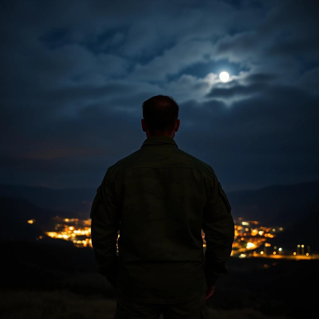 Image with seed 3628802054 generated via Stable Diffusion through @stablehorde@sigmoid.social. Prompt: a man from behind, wearing a military uniform in camouflage colors and standing alone on a hill. It is a cloudy night with a half moon. He is looking at a town in the valley with its lights. Merry Christmas