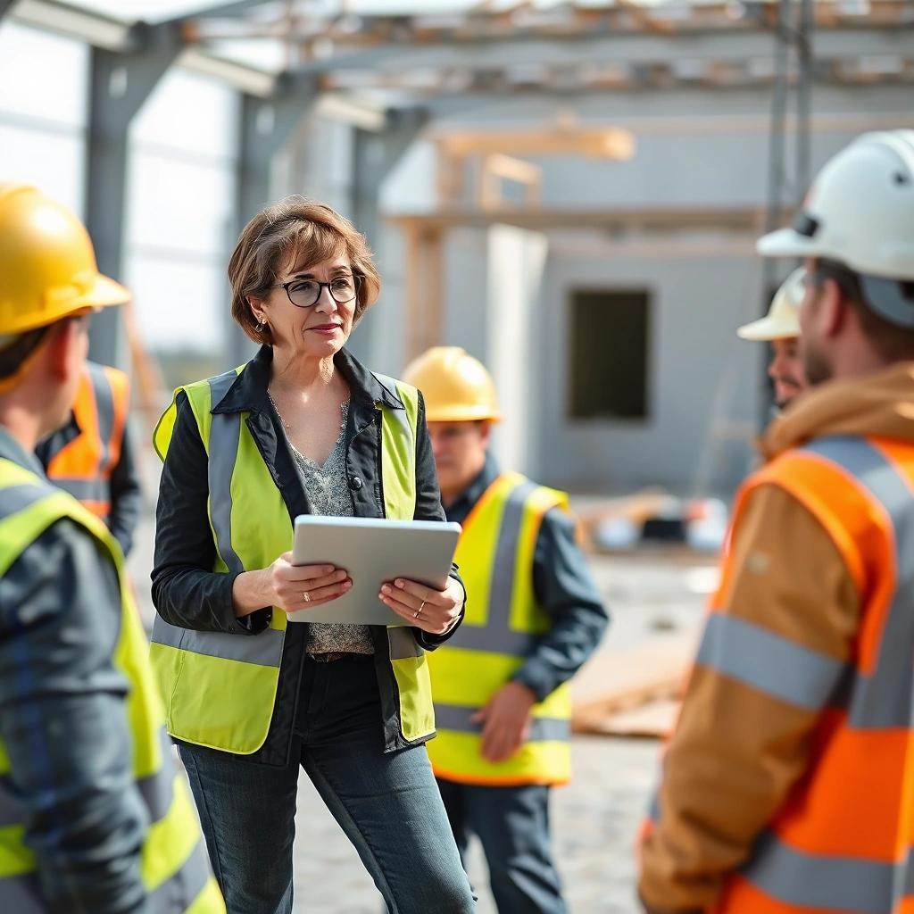 Image with seed 1940754719 generated via Stable Diffusion through @stablehorde@sigmoid.social. Prompt: a middle-aged short-haired female architect instructing craftsmen on a construction site.She has a tablet in her hands and is wearing safety shoes, but no helmet.