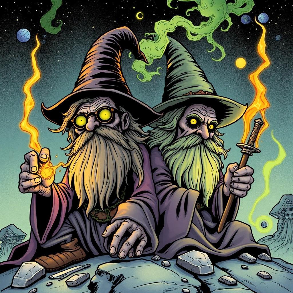 Image with seed 1038175358 generated via Stable Diffusion through @stablehorde@sigmoid.social. Prompt: Hairy Pothead and the Stoned Philosopher, fantasy wizards, full colour comic book