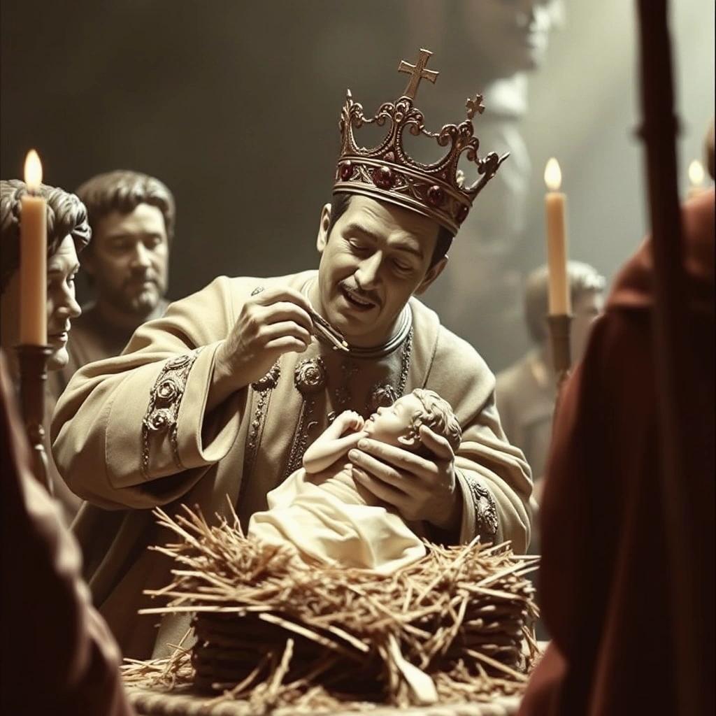 Image with seed 4055248636 generated via Stable Diffusion through @stablehorde@sigmoid.social. Prompt: Sun King Markus Söder eating the figure of baby jesus from the manger.@RonRevog @Commander_KEEN