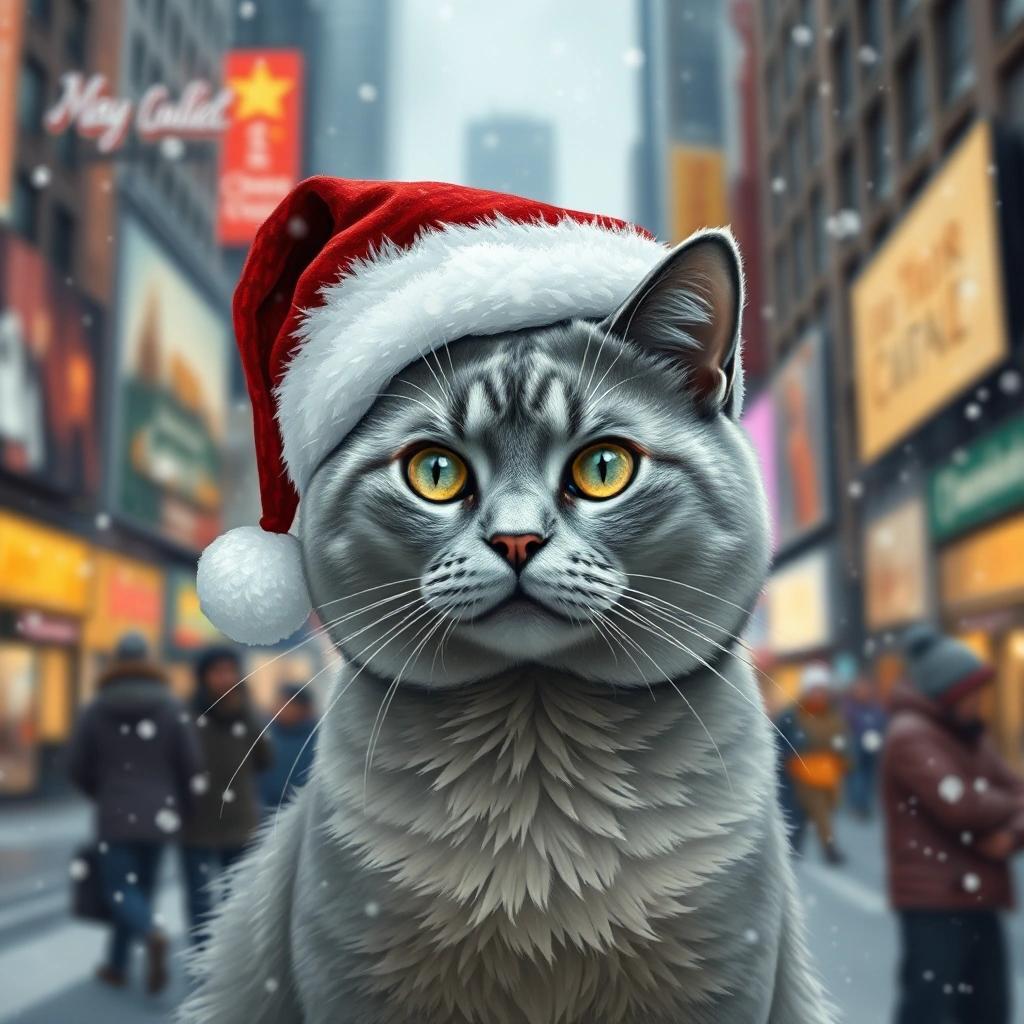 Image with seed 3166963405 generated via Stable Diffusion through @stablehorde@sigmoid.social. Prompt: a gray Burmese cat wearing a Santa hat in Times Square while it snows, in the style of Thomas Kinkade.