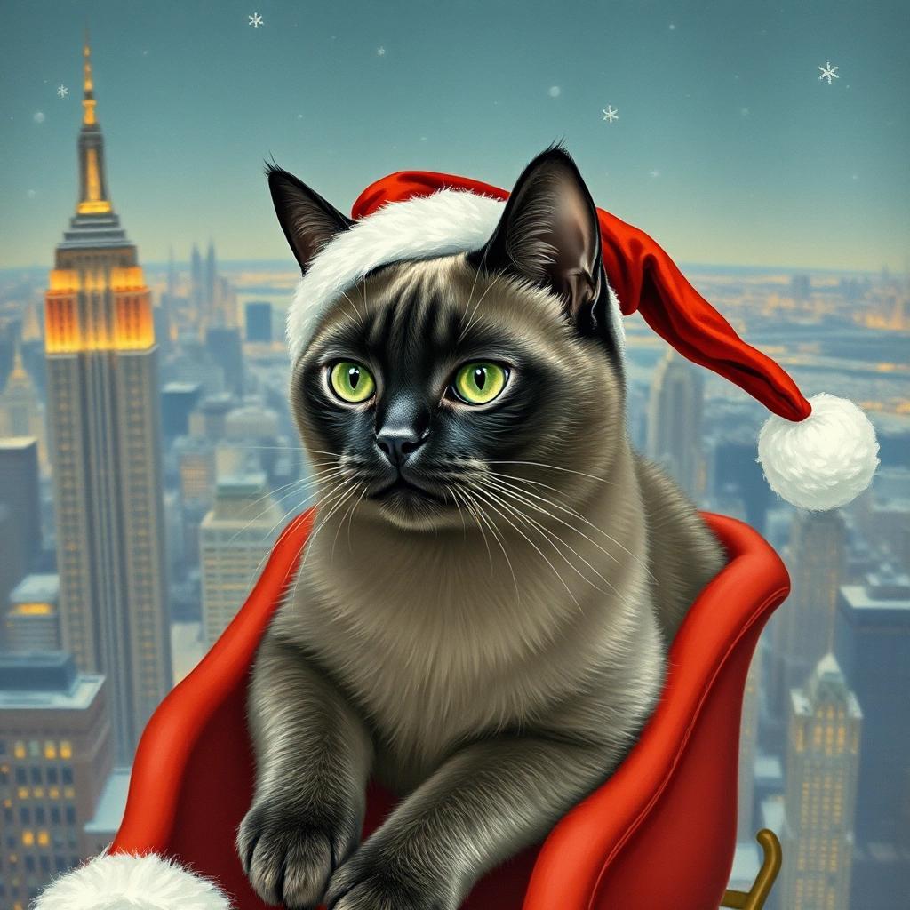 Image with seed 276134846 generated via Stable Diffusion through @stablehorde@sigmoid.social. Prompt: a Burmese cat, the Burmese cat is solid gray, the Burmese cat is wearing a Santa hat, the Burmese cat is flying over Manhattan in Santa’s sleigh, in the style of Norman Rockwell.