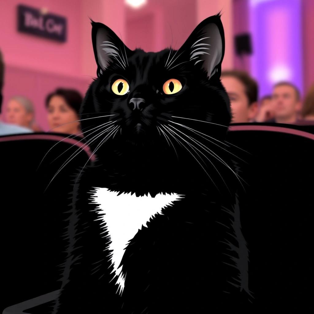 Image with seed 3447949464 generated via Stable Diffusion through @stablehorde@sigmoid.social. Prompt: a black cat with a white triangle on its chest, the cat is attending a Broadway play.