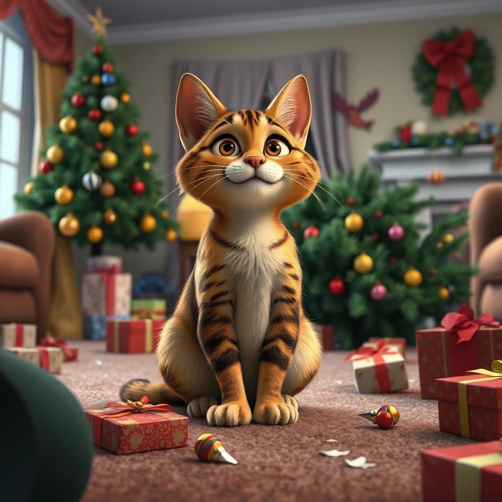 Image with seed 2560062597 generated via Stable Diffusion through @stablehorde@sigmoid.social. Prompt: Pixar movie still of a very cute tabby cat sitting in a living room decorated for Christmas, but the room is a mess. The Christmas tree has fallen down and is lying on the floor, Christmas tree ornaments strewn across the carpet. Some wrapped gifts have been torn open by cat claws.