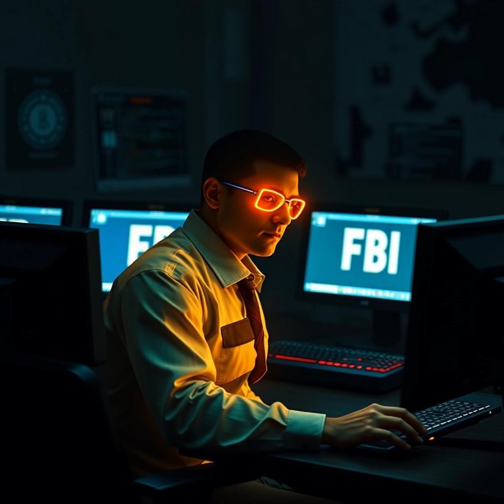 Image with seed 3519512091 generated via Stable Diffusion through @stablehorde@sigmoid.social. Prompt: a fbi agent, glowing like a firefly, sitting at 4 computers