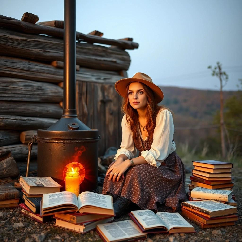 Image with seed 763118664 generated via Stable Diffusion through @stablehorde@sigmoid.social. Prompt: an attractive jewish woman sitting outside, at a moonshine still, in the Ozark mountains, with large books strewn all about