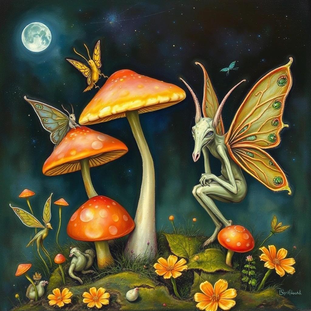 Image with seed 337972857 generated via Stable Diffusion through @stablehorde@sigmoid.social. Prompt: magic mushrooms, fairies, strange creatures, fantasy, magical realism, psychedelic surrealism, whimsical, trippy, strange, Brian Froud