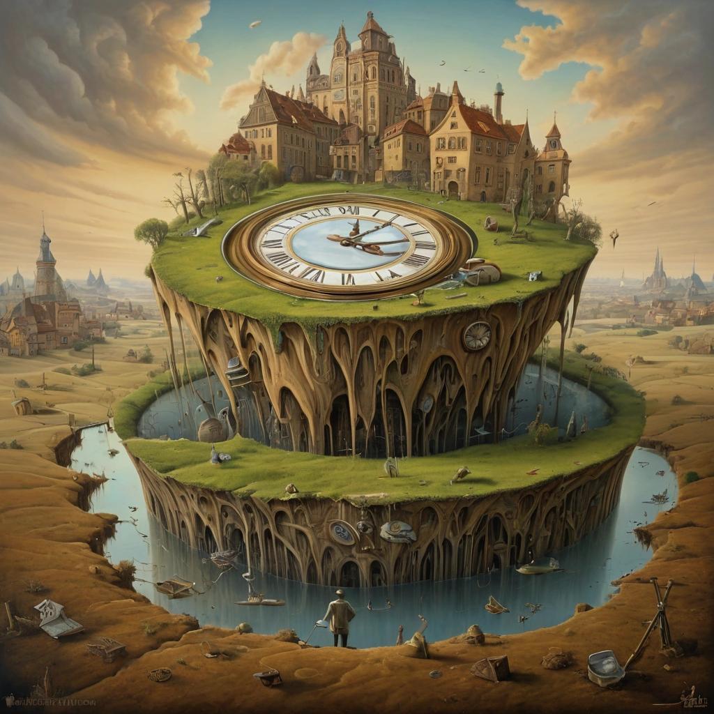 Image with seed 1995213282 generated via Stable Diffusion through @stablehorde@sigmoid.social. Prompt: No-Time Toulouse, surrealist landscape, clock melting, man, highly detailed. oil painting, Jacek Yerka, Gediminas Pranckevicius, Salvador Dali, Erik Johansson 