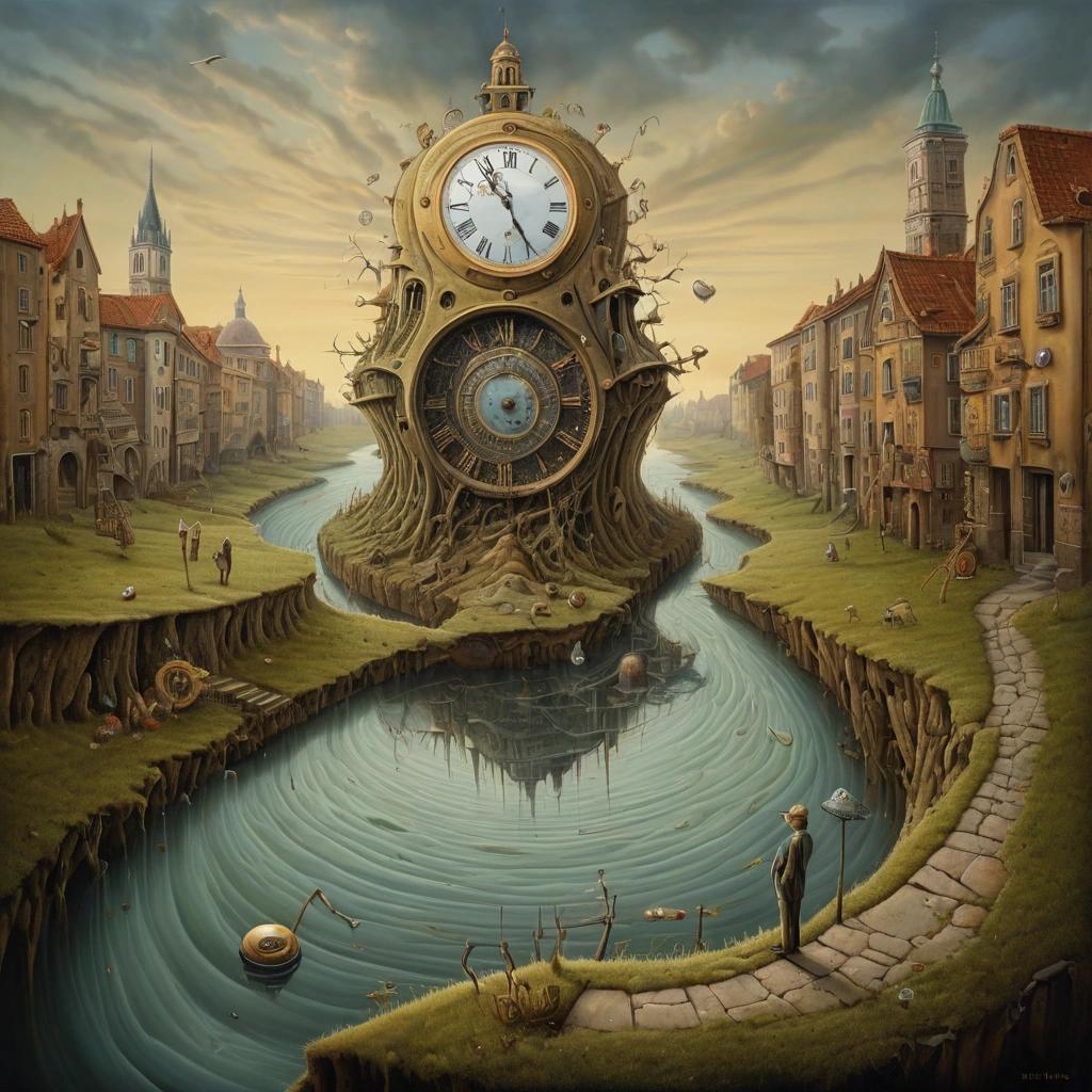 Image with seed 2982841837 generated via Stable Diffusion through @stablehorde@sigmoid.social. Prompt: No-Time Toulouse, surrealist landscape, clock melting, man, highly detailed. oil painting, Jacek Yerka, Gediminas Pranckevicius, Salvador Dali, Erik Johansson 