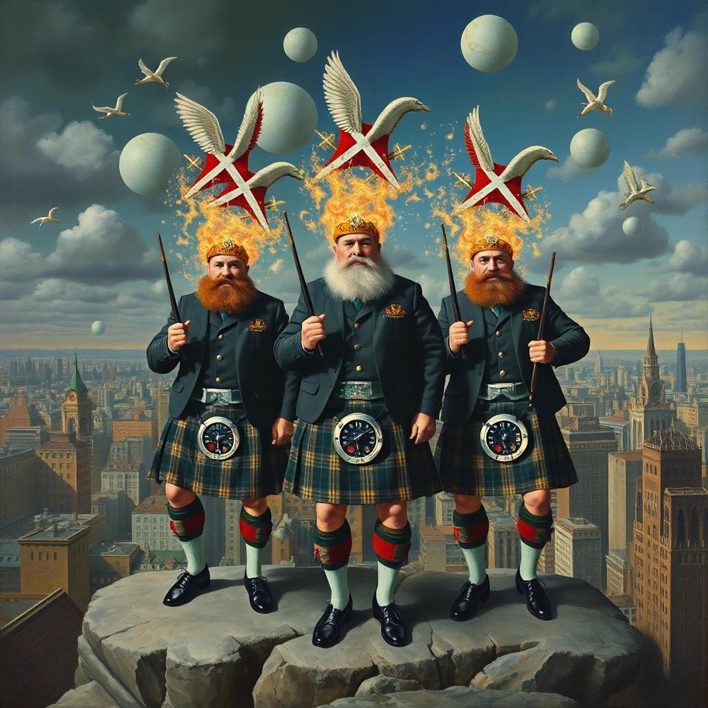 Image with seed 1968889670 generated via Stable Diffusion through @stablehorde@sigmoid.social. Prompt: Kamikaze Scotsmen, Monty Python, wearing kilts, surrealist cityscape, highly detailed. oil painting, Jacek Yerka, Gediminas Pranckevicius, Salvador Dali, Erik Johansson, #elektrodada