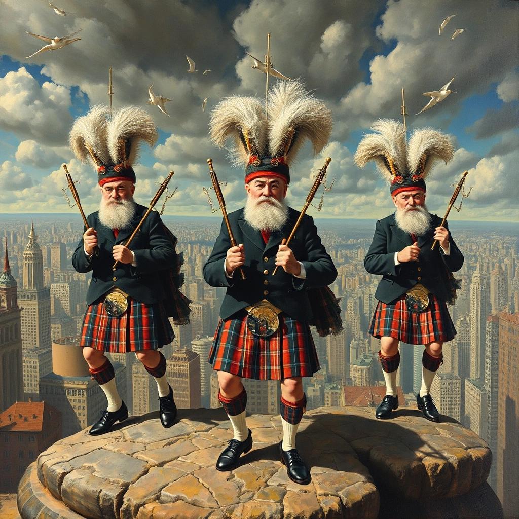 Image with seed 1968889670 generated via Stable Diffusion through @stablehorde@sigmoid.social. Prompt: Kamikaze Scotsmen, Monty Python, wearing kilts, surrealist cityscape, highly detailed. oil painting, Jacek Yerka, Gediminas Pranckevicius, Salvador Dali, Erik Johansson, #elektrodada