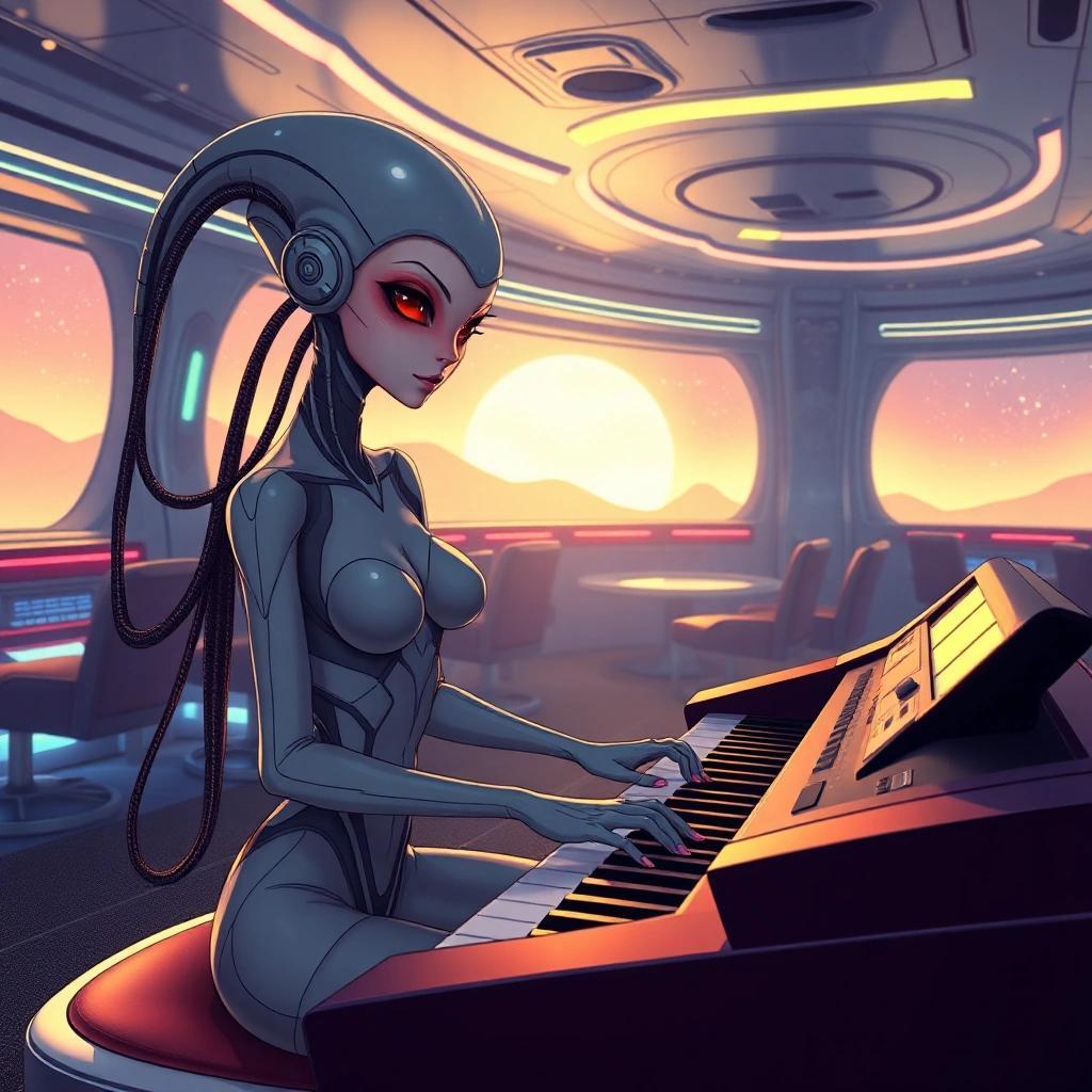 Image with seed 288193306 generated via Stable Diffusion through @stablehorde@sigmoid.social. Prompt: Science Fiction Anime alien woman playing the keyboards in a futuristic lounge on a luxury cruise starship