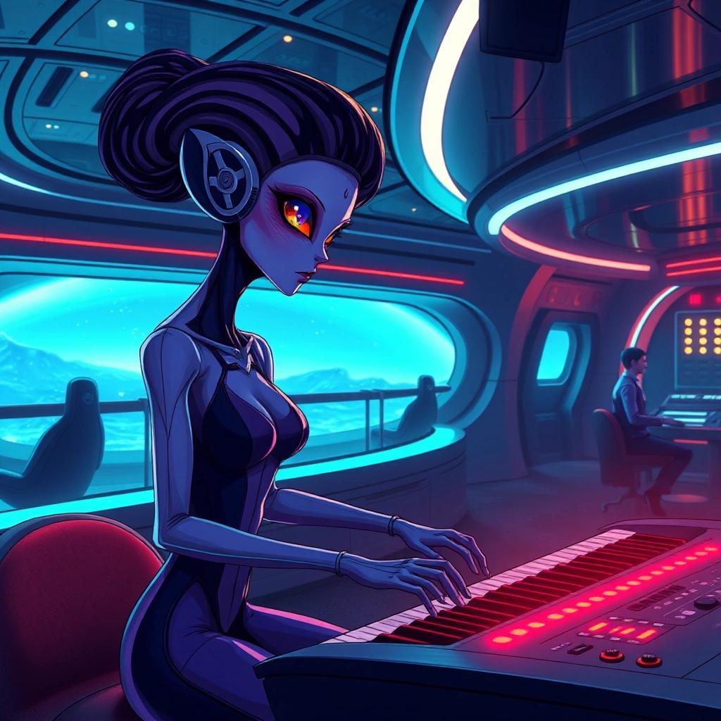 Image with seed 288193306 generated via Stable Diffusion through @stablehorde@sigmoid.social. Prompt: Science Fiction Anime alien woman playing the keyboards in a futuristic lounge on a luxury cruise starship