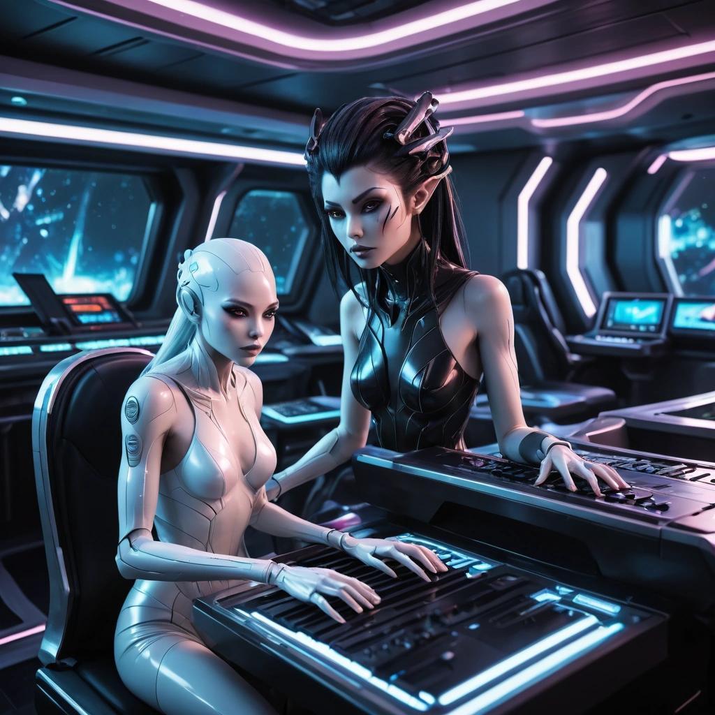 Image with seed 2534446655 generated via Stable Diffusion through @stablehorde@sigmoid.social. Prompt: Science Fiction Anime alien woman playing the keyboards in a futuristic lounge on a luxury cruise starship 