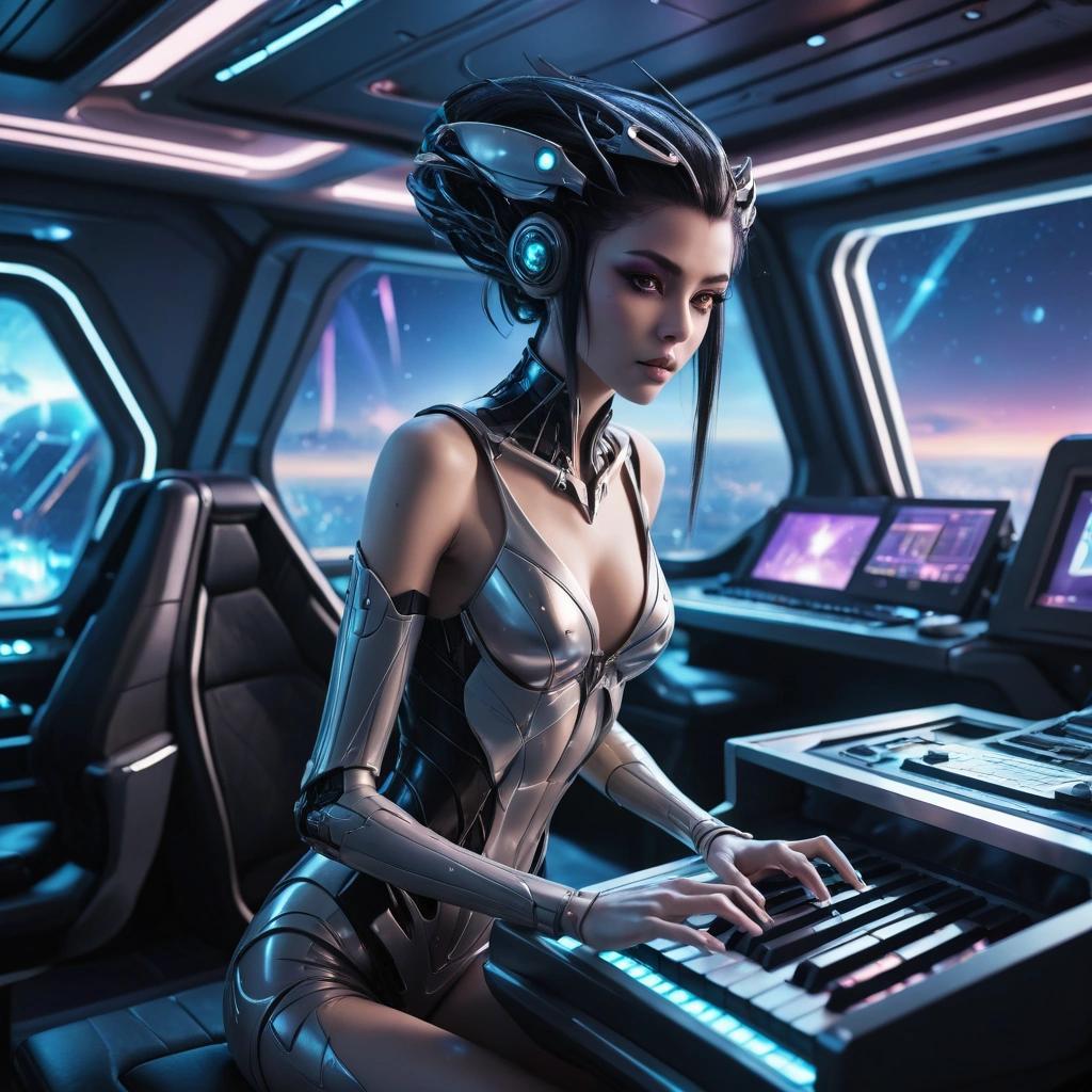 Image with seed 2534446655 generated via Stable Diffusion through @stablehorde@sigmoid.social. Prompt: Science Fiction Anime alien woman playing the keyboards in a futuristic lounge on a luxury cruise starship 