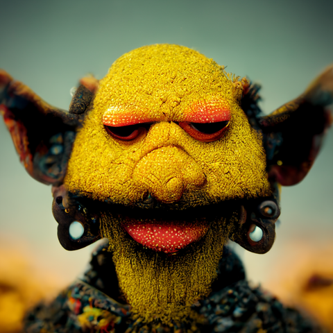 A close-up portrait of a yellow-faced creature with a grumpy expression, featuring red-rimmed eyes, textured skin, and dark ears with glowing white pupils. The character has a distinctive red mouth and appears to be wearing patterned clothing.