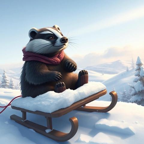 Image with seed 2459235889 generated via Stable Diffusion through @stablehorde@sigmoid.social. Prompt: an anthropomorphic badger sitting on a sled on a snowy hill